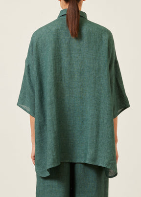 linen sloped shoulder wide a-line short sleeve shirt with collar - long (tealgreen)