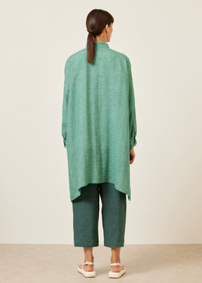 linen wide a-line collarless shirt - very long with slits