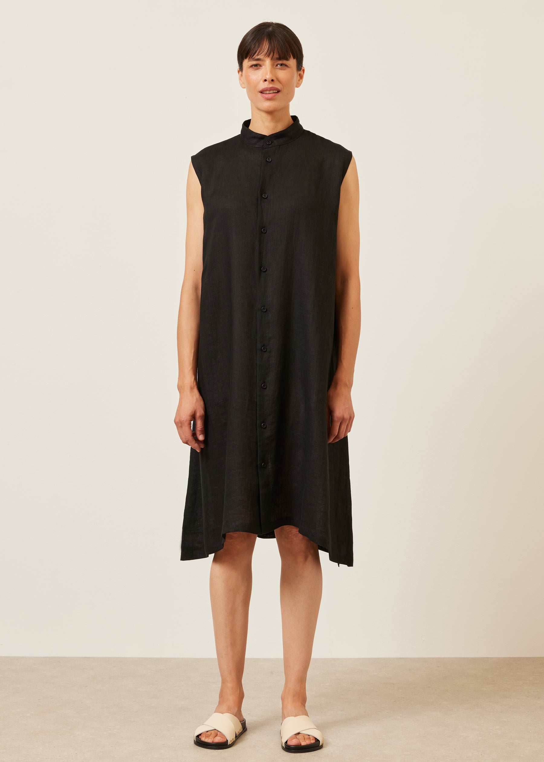 a-line collarless sleeveless shirt dress