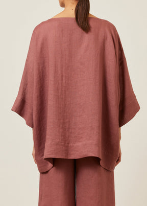 linen scoop neck 3/4 sleeve top with hem bands - long (darkpink)