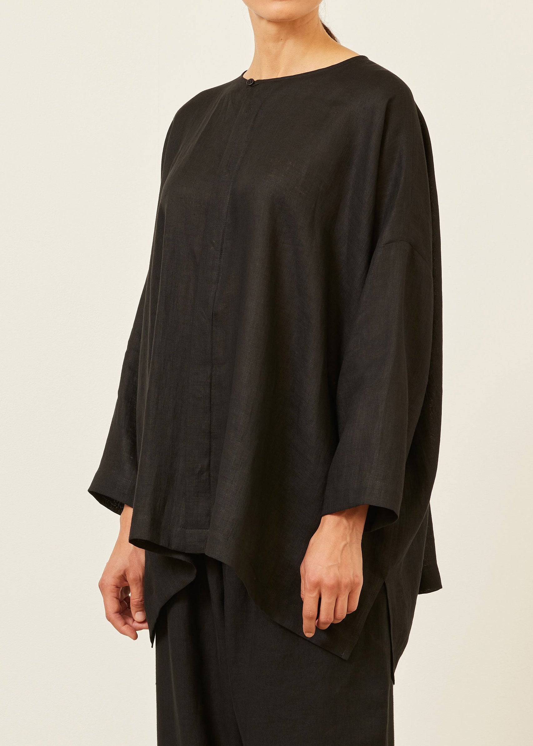 linen wide longer back bound neck shirt - long (black)