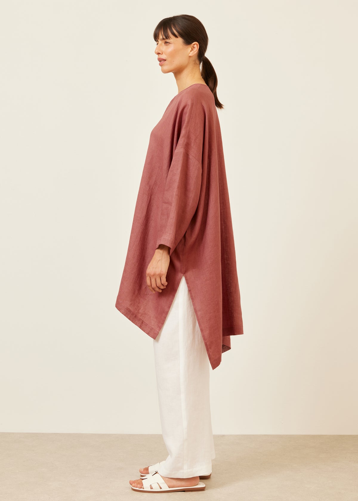 wide longer back bound neck shirt - very long with slits
