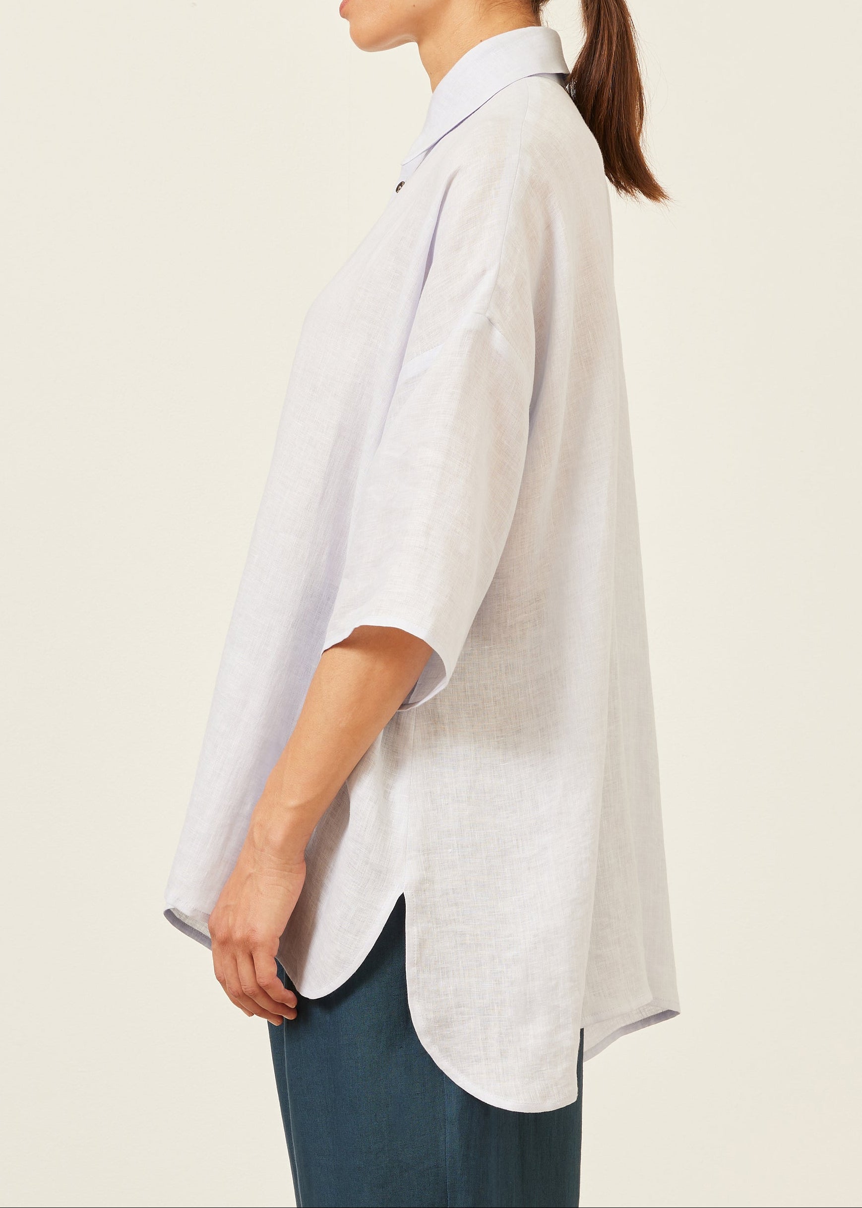 handkerchief linen sloped shoulder wide a-line short sleeve shirt with collar - long