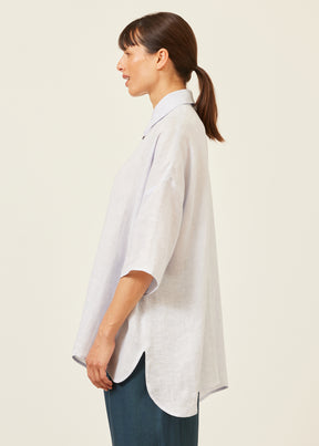 linen sloped shoulder wide a-line short sleeve shirt with collar - long