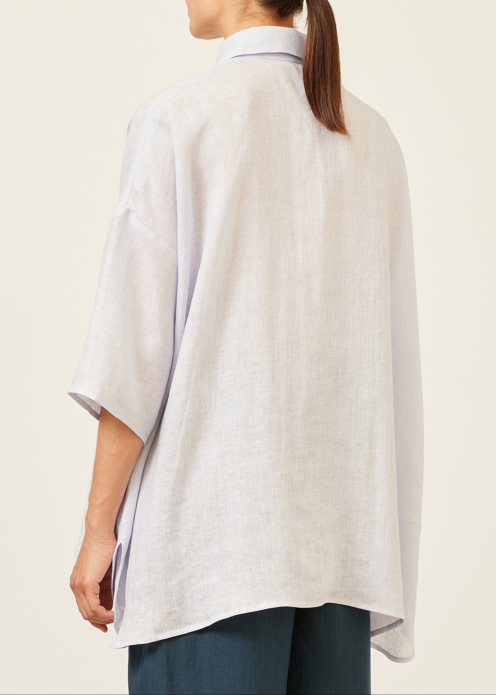 handkerchief linen sloped shoulder wide a-line short sleeve shirt with collar - long
