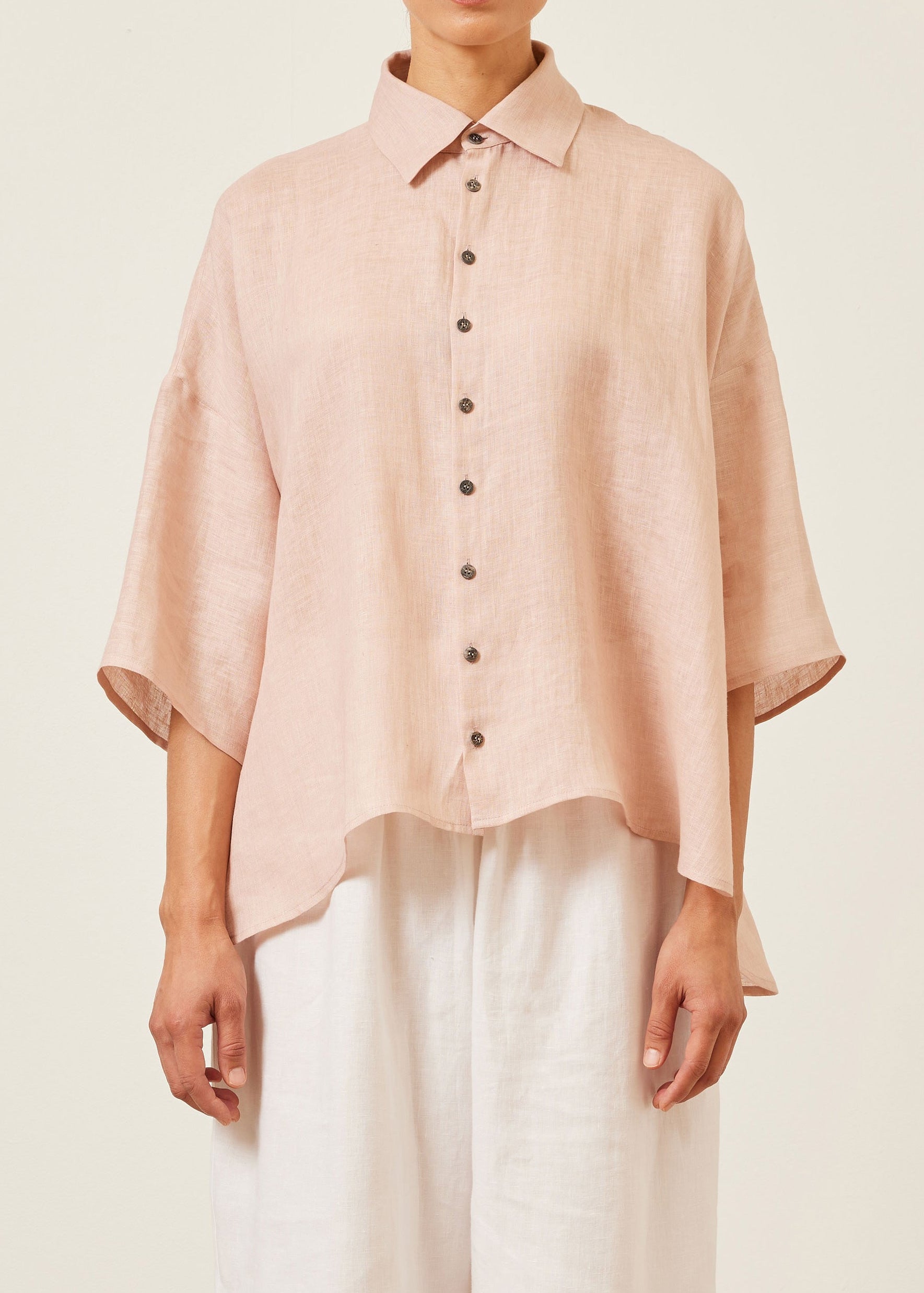 linen sloped shoulder wide a-line short sleeve shirt with collar - mid (rosepowder)