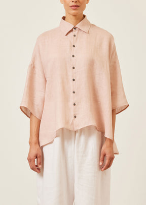 linen sloped shoulder wide a-line short sleeve shirt with collar - mid