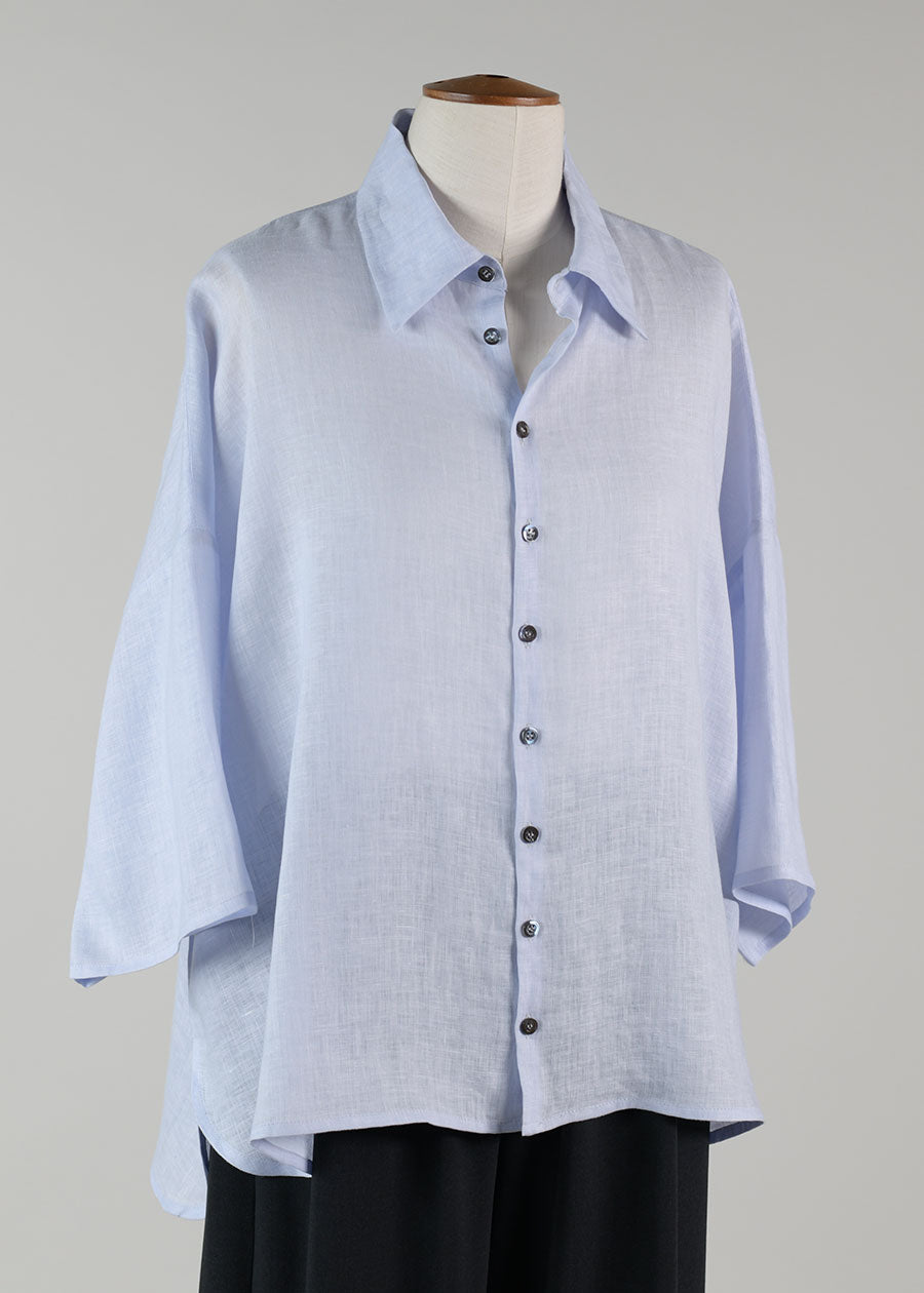 linen sloped shlder wide a-line s/s shirt w/collar - mid