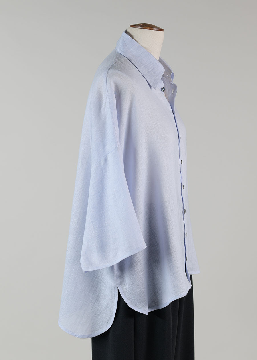 linen sloped shlder wide a-line s/s shirt w/collar - mid