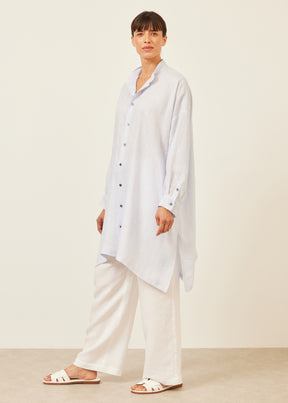 linen wide a-line collarless shirt - very long with slits