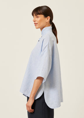 linen mix sloped shoulder wide a-line short sleeve double stand collar shirt - mid