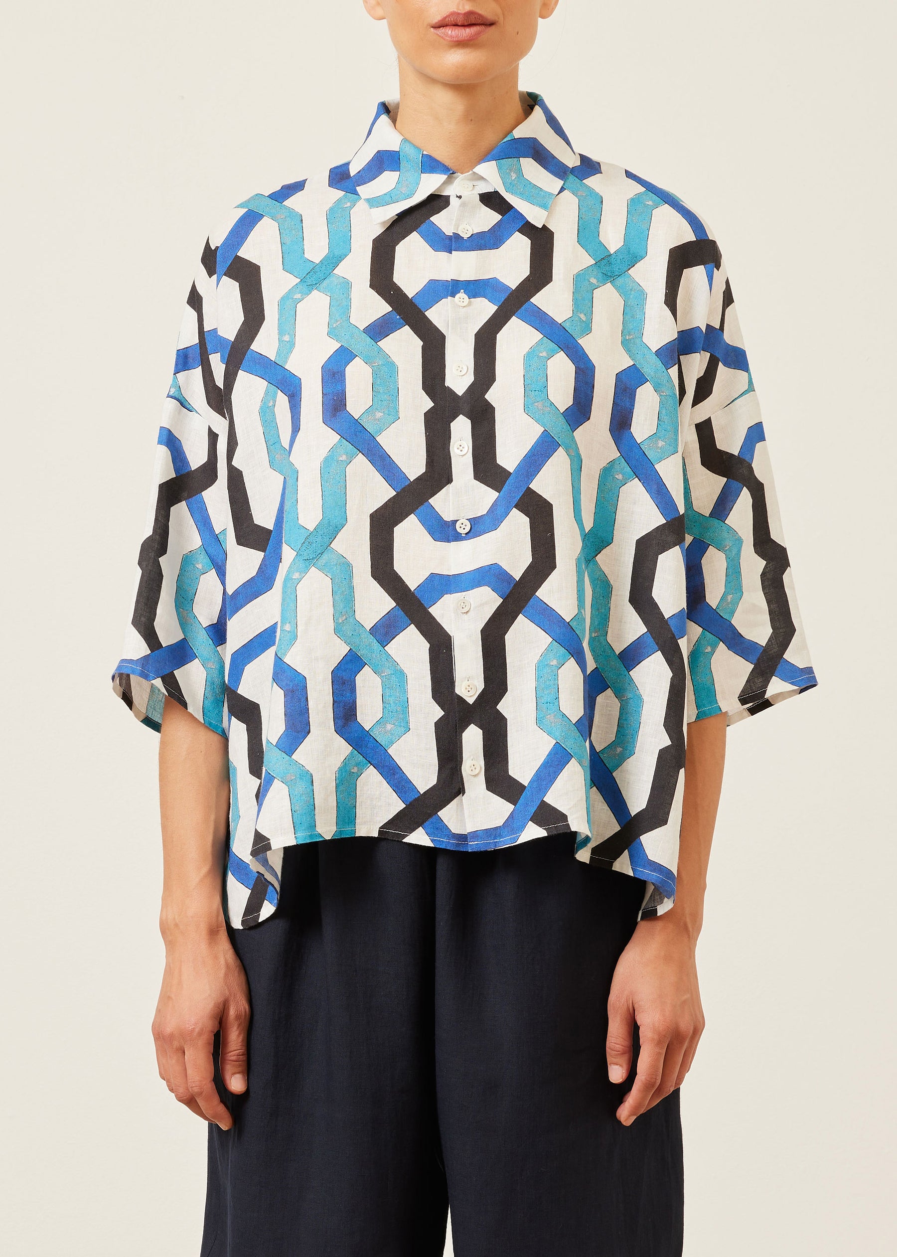 linen sloped shoulder wide a-line short sleeve shirt with collar - mid