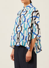 linen sloped shoulder wide a-line short sleeve shirt with collar - mid
