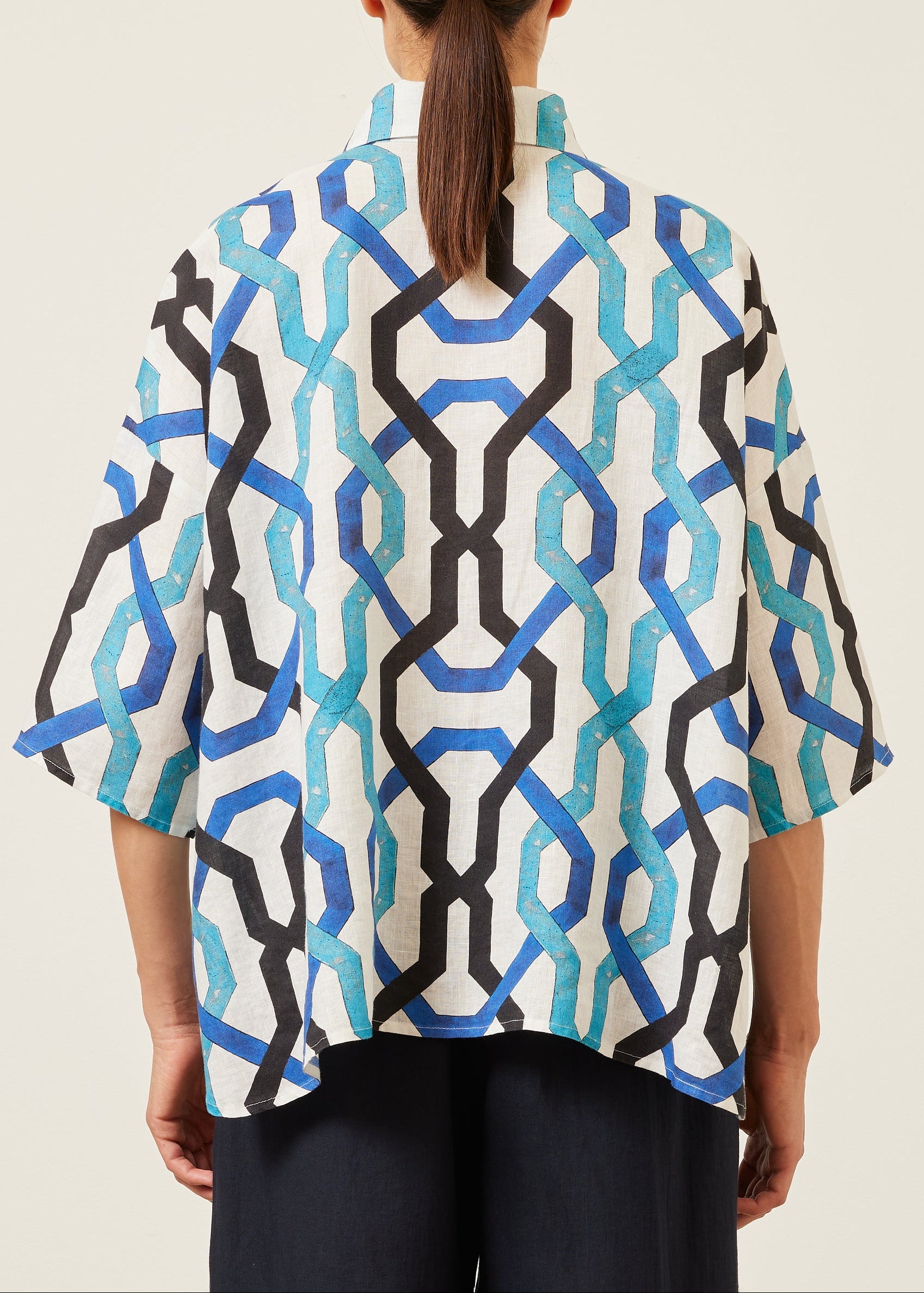 linen sloped shoulder wide a-line short sleeve shirt with collar - mid