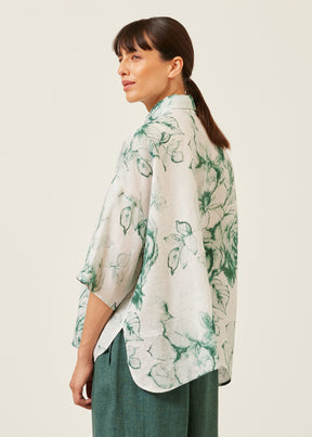 linen sloped shoulder wide a-line short sleeve shirt with collar - mid