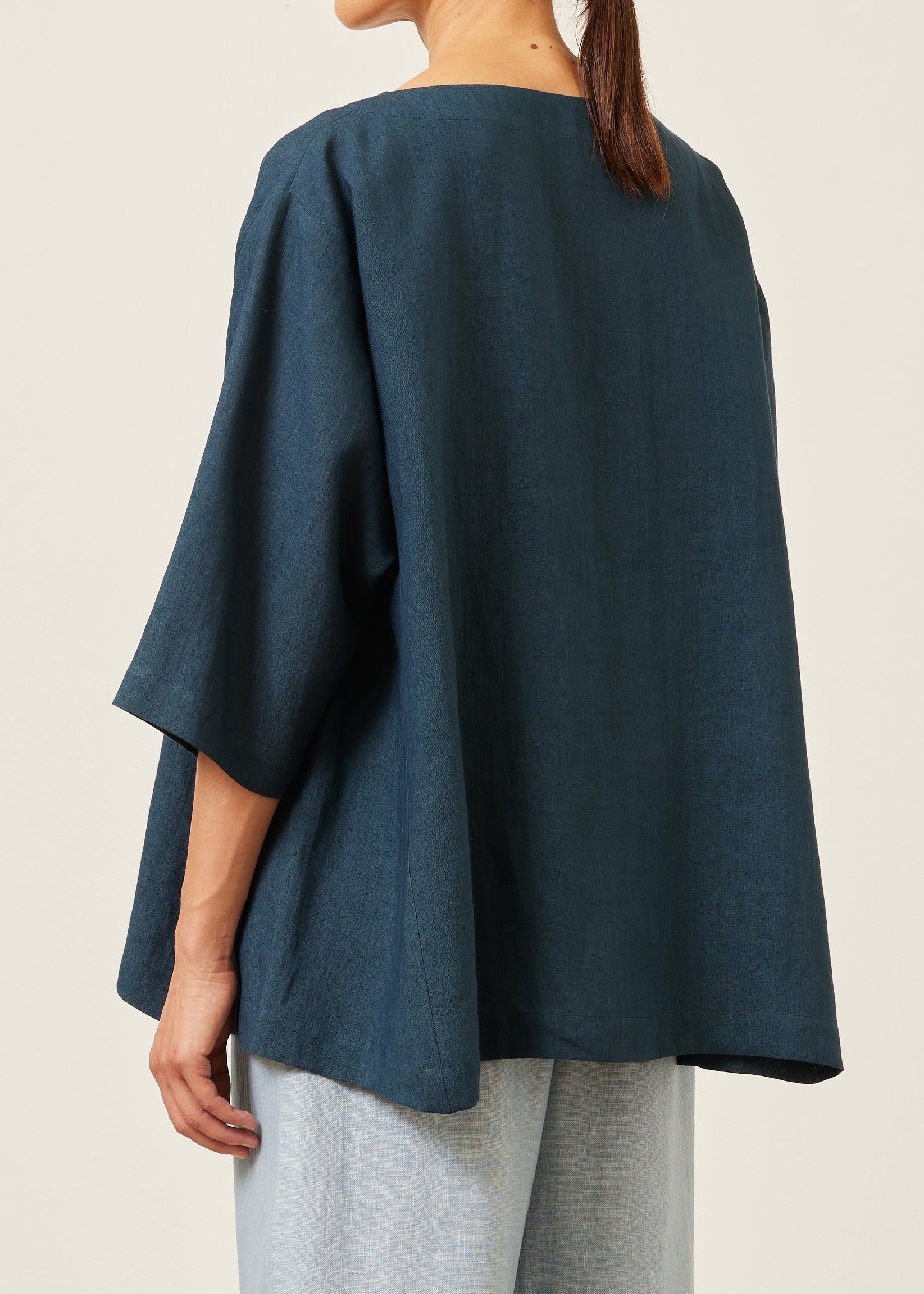 linen side panelled 3/4 sleeve scoop neck tunic  - long (marineblue)