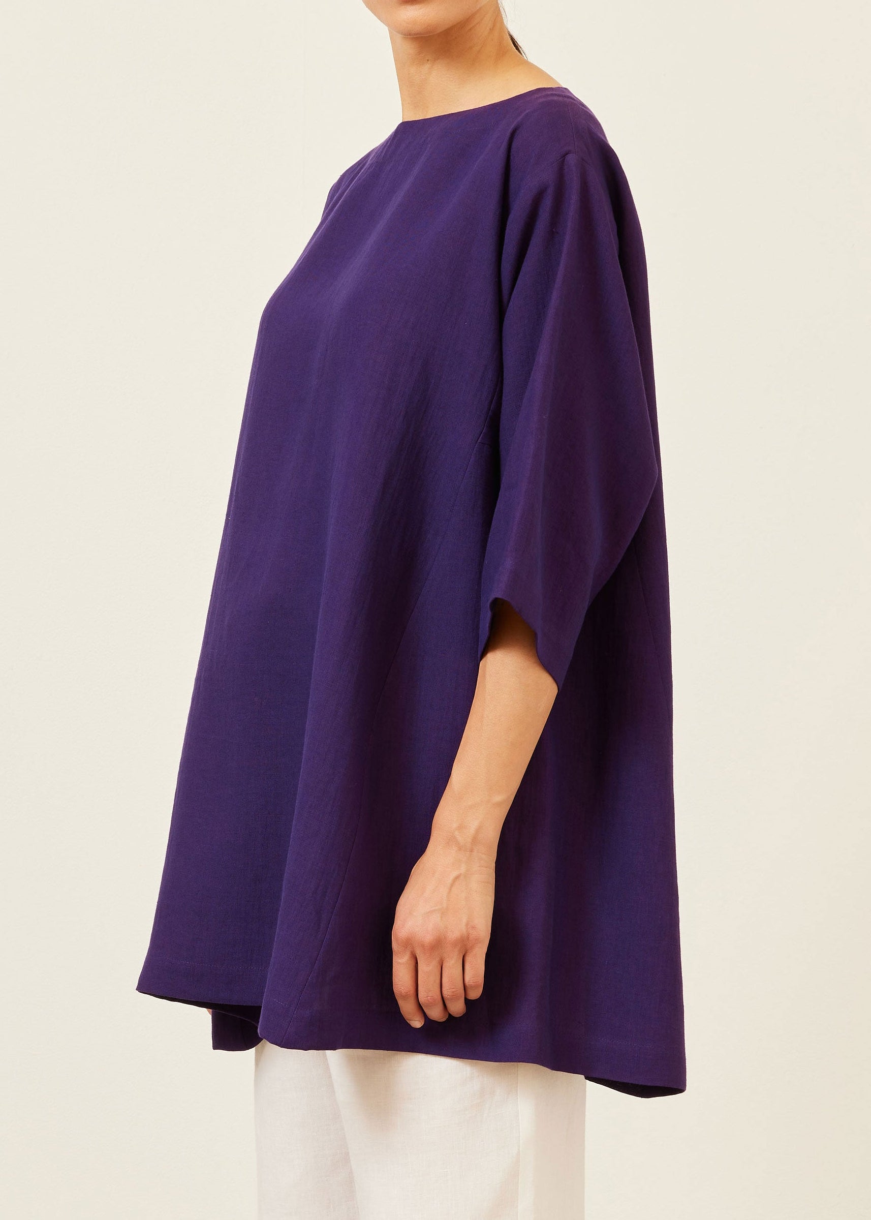 linen side panelled 3/4 sleeve scoop neck tunic  - long