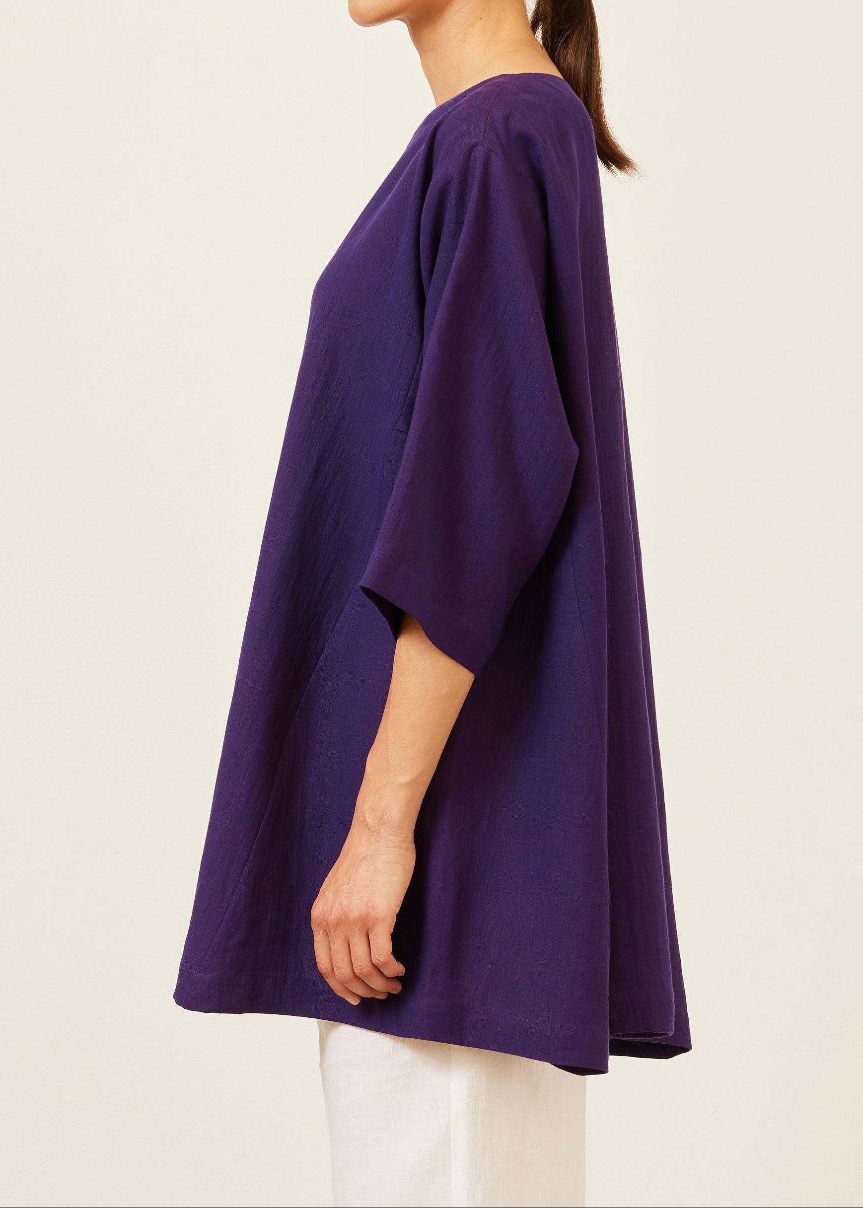 linen side panelled 3/4 sleeve scoop neck tunic  - long