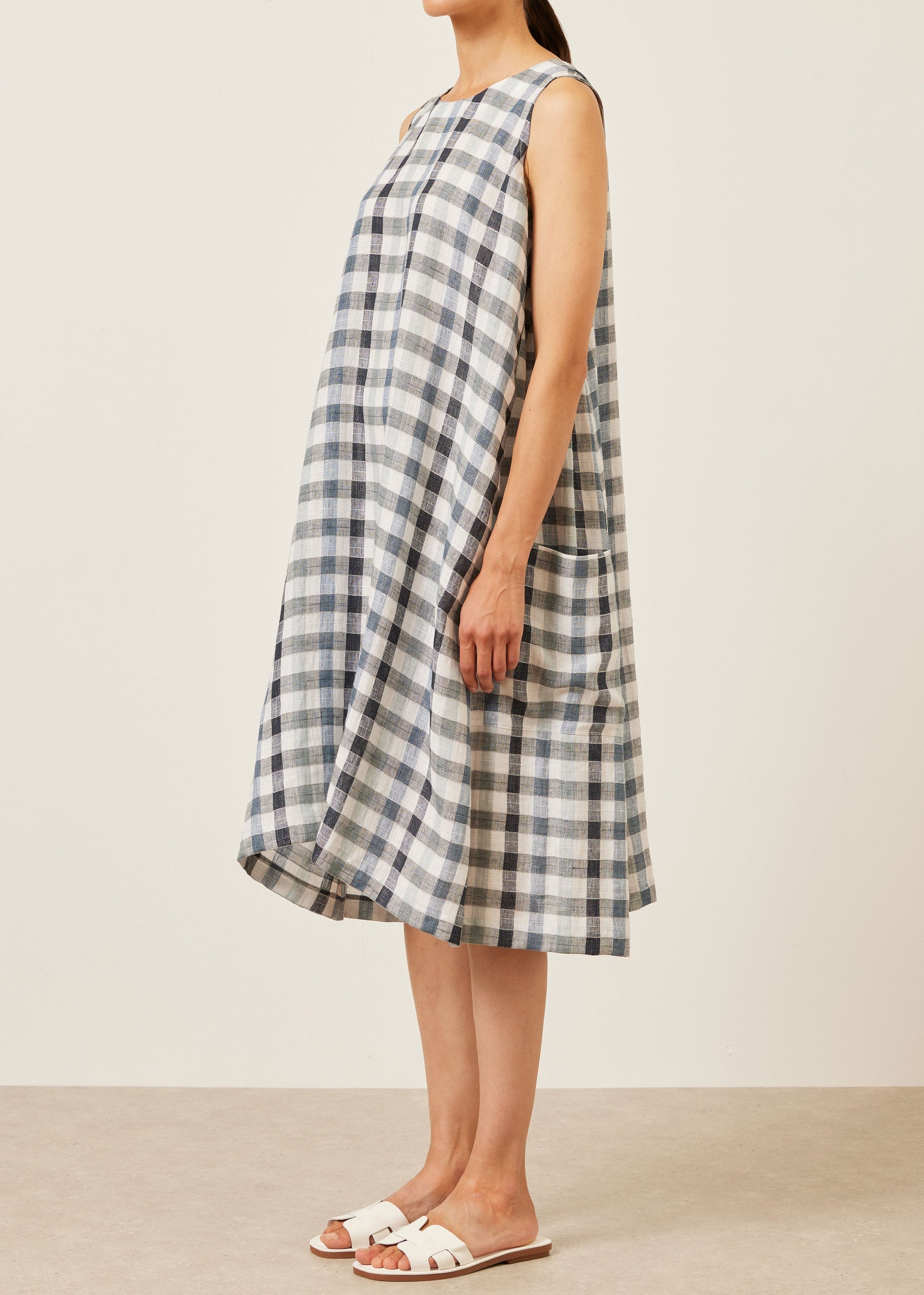 Eskandar linen Check Midi dress - Blue - 0 Eskandar linen Check Midi dress - Blue - 0