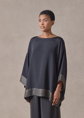 silk and lamé  3/4 sleeve scoop neck tunic - long (black with mossdark)