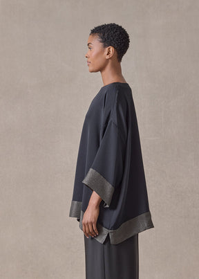 silk and lamé  3/4 sleeve scoop neck tunic - long (black with mossdark)