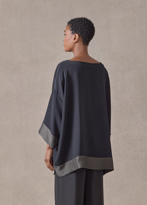 silk and lamé  3/4 sleeve scoop neck tunic - long (black with mossdark)