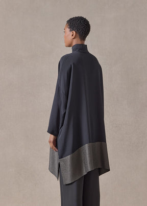 silk and lamé wide double stand collar shirt - very long with slits (black with mossdark)