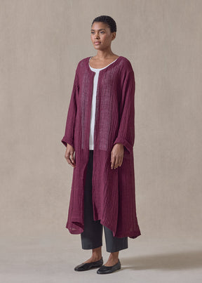 linen guaze 3/4 length side pleated round neck coat (cochineal)