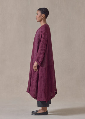 linen guaze 3/4 length side pleated round neck coat (cochineal)