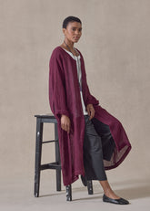 linen guaze 3/4 length side pleated round neck coat (cochineal)