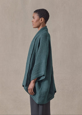 linen gauze wide short sleeve scrunch shawl collar jacket - mid plus (tealgreen)