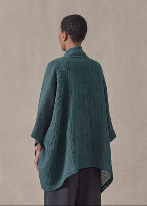 linen gauze wide short sleeve scrunch shawl collar jacket - mid plus (tealgreen)