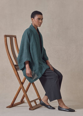 linen gauze wide short sleeve scrunch shawl collar jacket - mid plus (tealgreen)