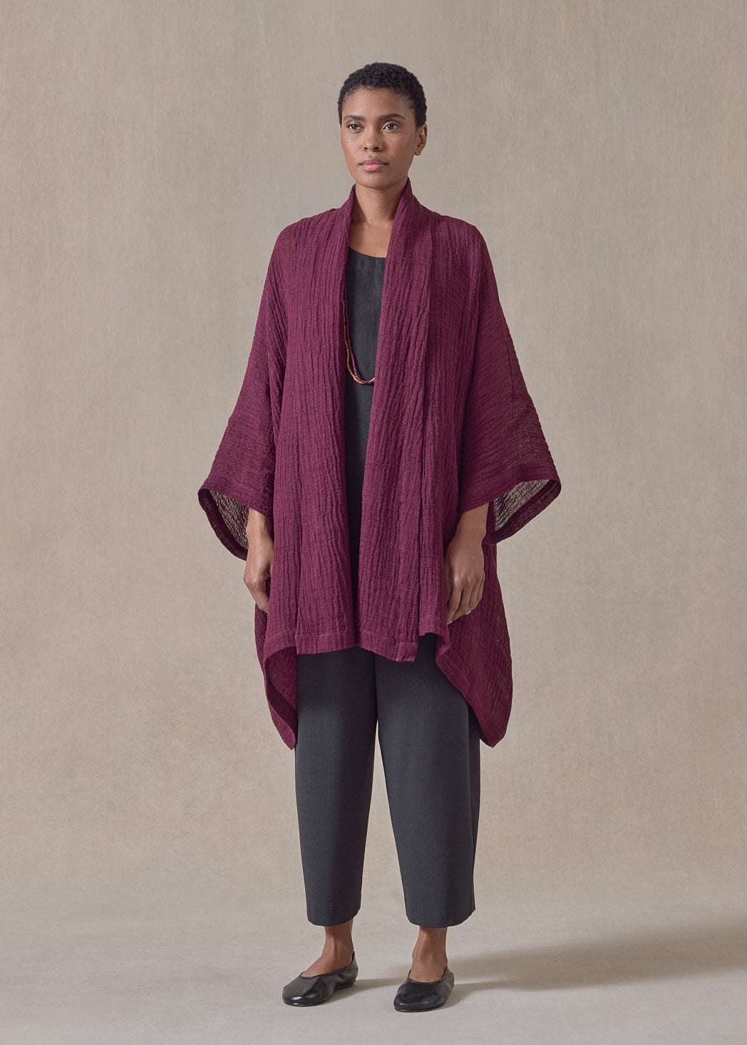 linen gauze wide short sleeve scrunch shawl collar jacket - long plus (cochineal)