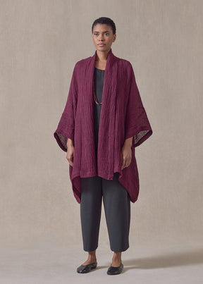 linen gauze wide short sleeve scrunch shawl collar jacket - long plus (cochineal)
