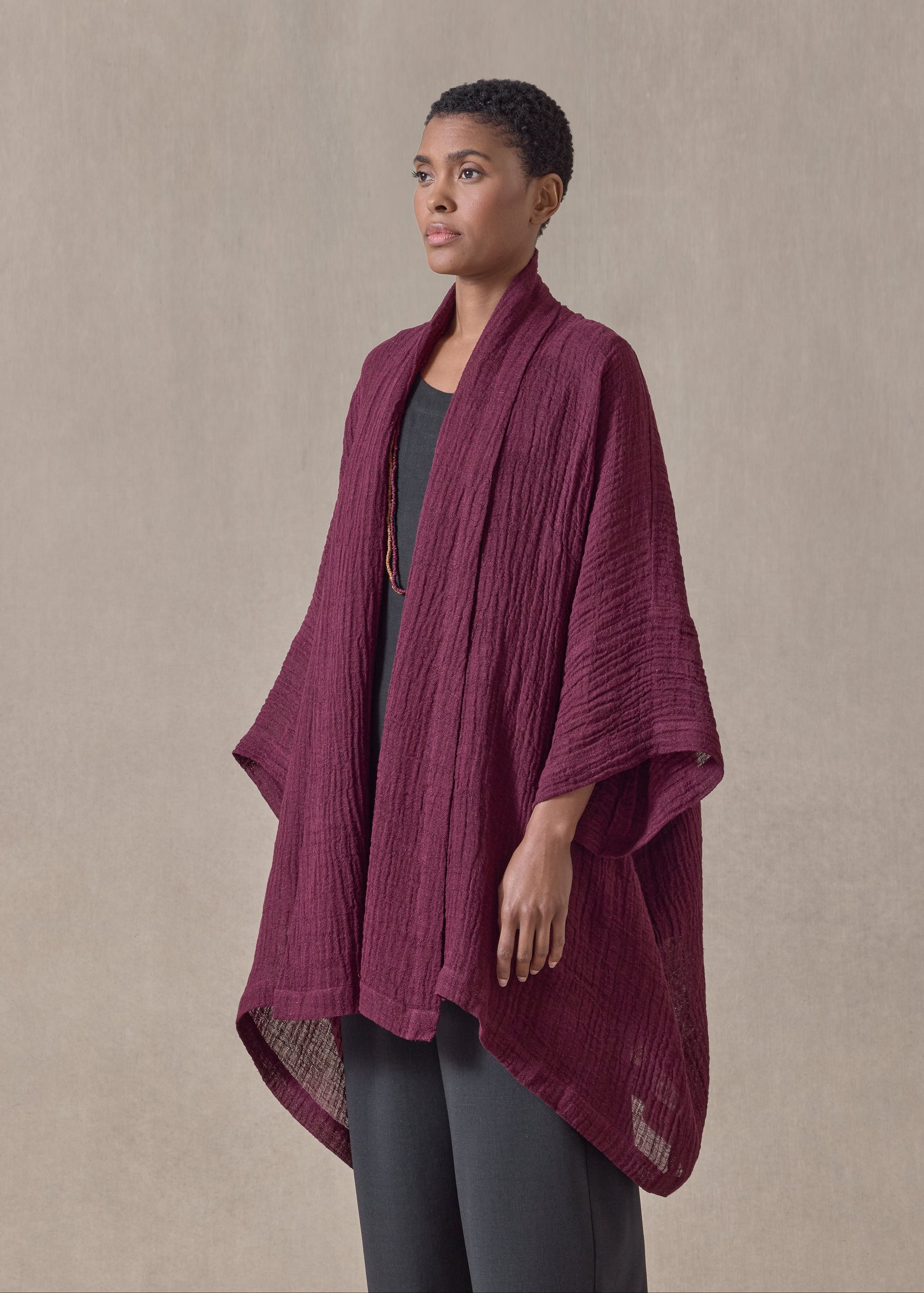 linen gauze wide short sleeve scrunch shawl collar jacket - long plus (cochineal)