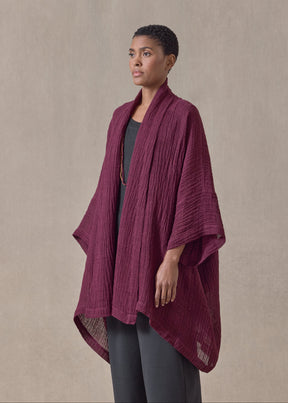 linen gauze wide short sleeve scrunch shawl collar jacket - long plus (cochineal)