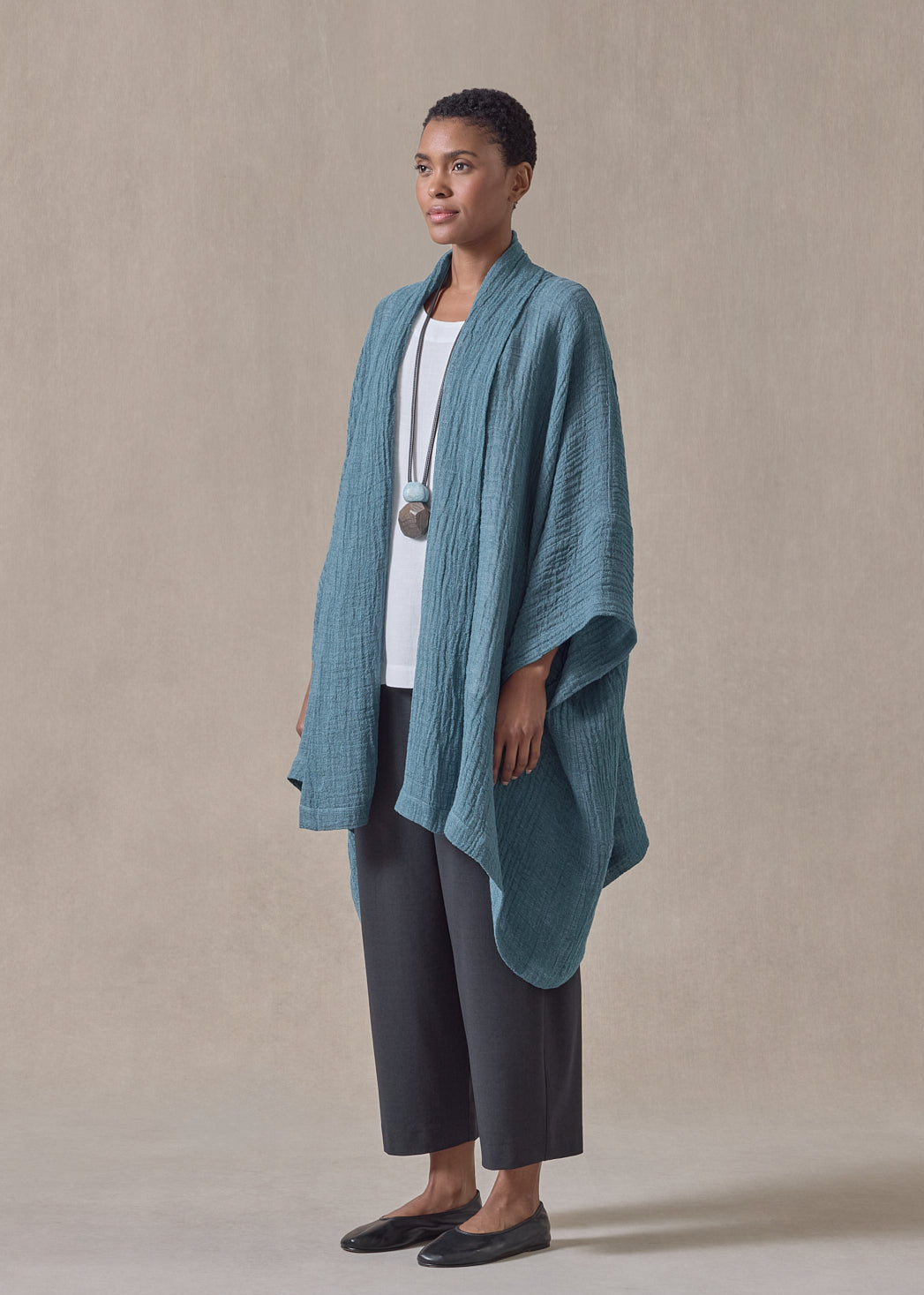linen gauze wide short sleeve scrunch shawl collar jacket - long plus (darkturquoise)