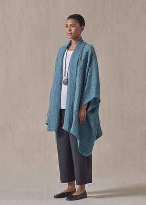 linen gauze wide short sleeve scrunch shawl collar jacket - long plus (darkturquoise)