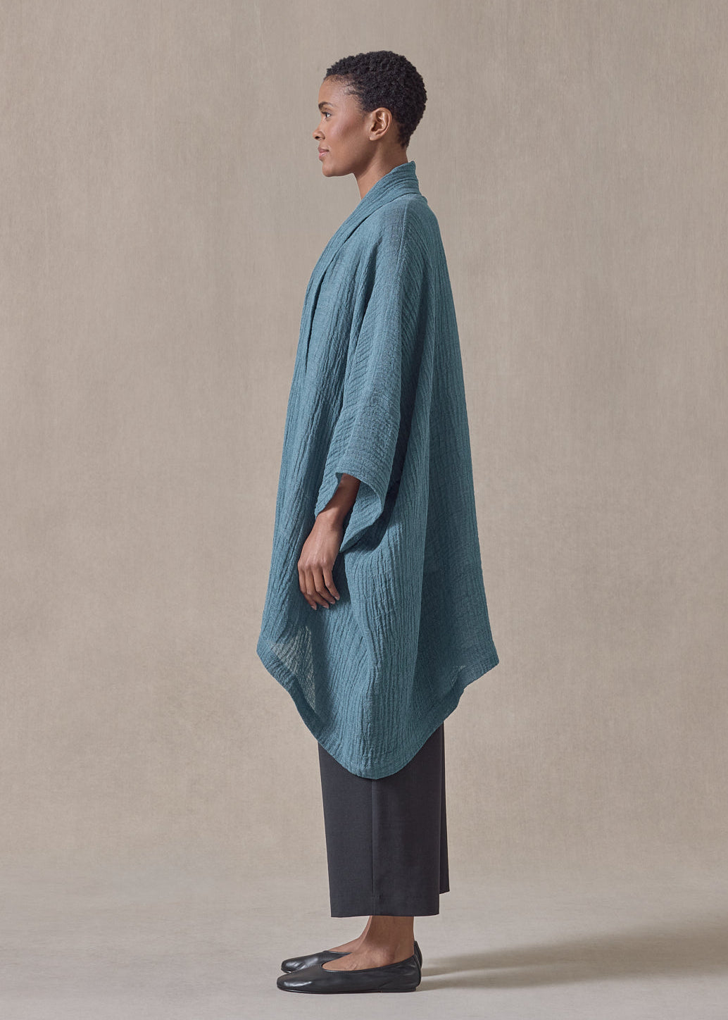 linen gauze wide short sleeve scrunch shawl collar jacket - long plus (darkturquoise)