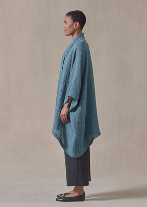 linen gauze wide short sleeve scrunch shawl collar jacket - long plus (darkturquoise)