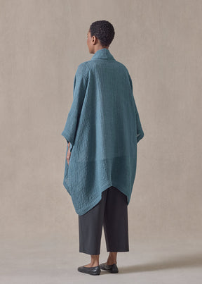 linen gauze wide short sleeve scrunch shawl collar jacket - long plus (darkturquoise)