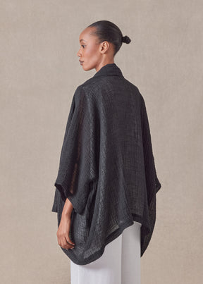linen mix wide short sleeve scrunch shawl collar jacket - mid plus