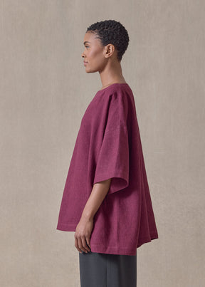linen angle-to-front 3/4 sleeve scoop neck tunic  - long (Cochineal)