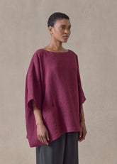 linen angle-to-front 3/4 sleeve scoop neck tunic  - long (Cochineal)