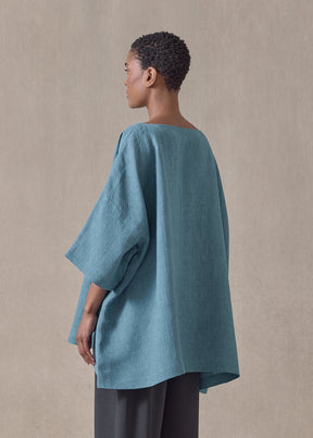 linen angle-to-front 3/4 sleeve scoop neck tunic  - long (darkturquoise)