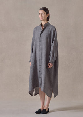 linen wide a-line collarless shirt dress (slate)