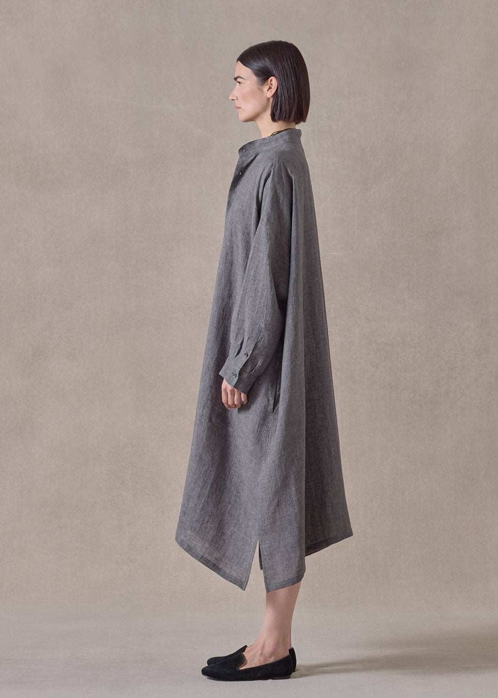 linen wide a-line collarless shirt dress (slate)