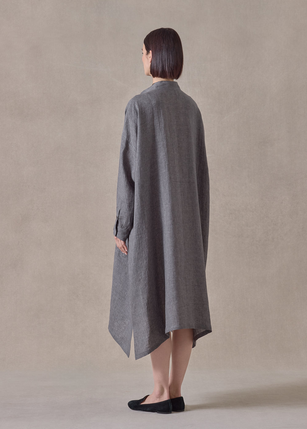 linen wide a-line collarless shirt dress (slate)