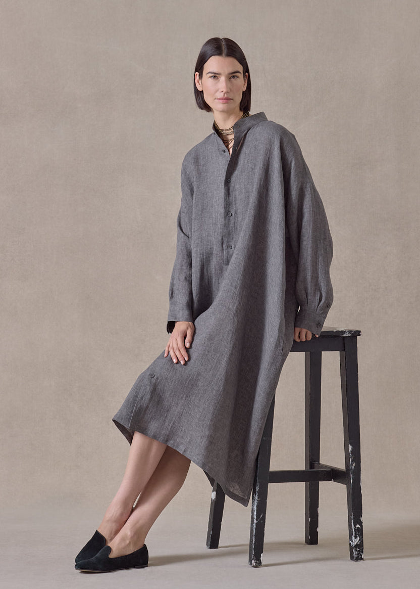 linen wide a-line collarless shirt dress (slate)